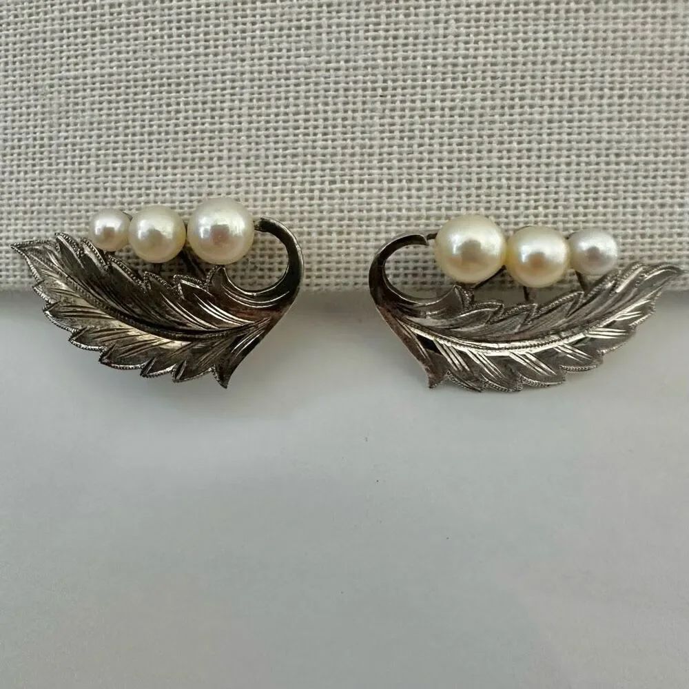 Vintage Sterling Silver Leaf Earrings with Cultured Pearls
